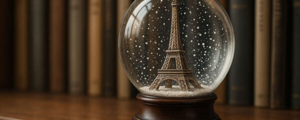 Une boule à neige réaliste contenant une miniature de la Tour Eiffel, posée sur une étagère en bois devant des livres flous