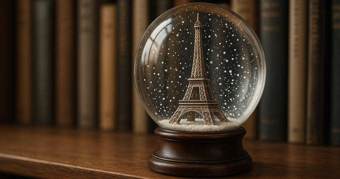 Une boule à neige réaliste contenant une miniature de la Tour Eiffel, posée sur une étagère en bois devant des livres flous