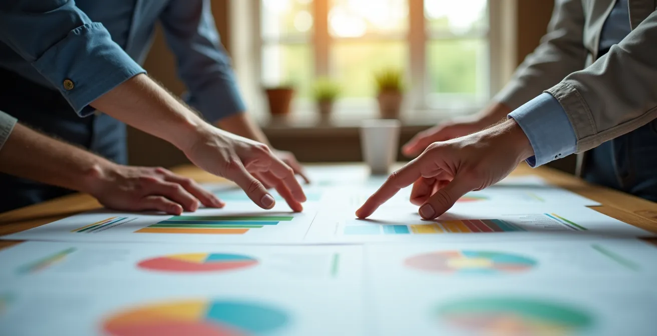 Mains analysant des graphiques énergétiques colorés sur une table de travail