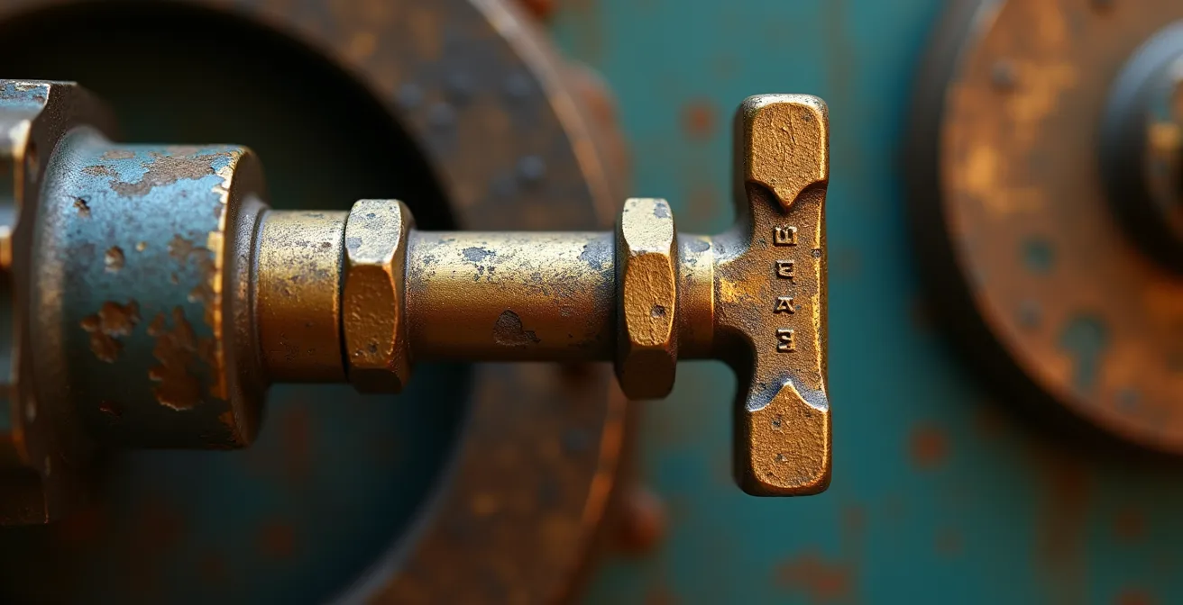 Gros plan sur une vanne industrielle en laiton avec reflets métalliques