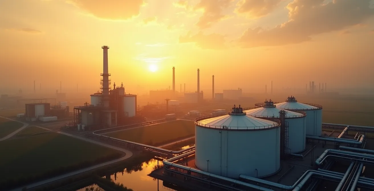 Vue aérienne d'installations énergétiques industrielles au crépuscule