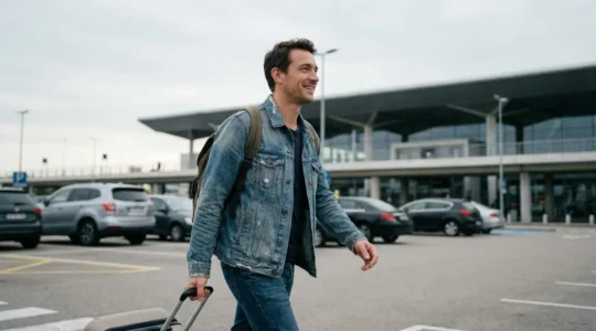 Voyageur avec valise marchant vers le terminal de l'aéroport Charles de Gaulle