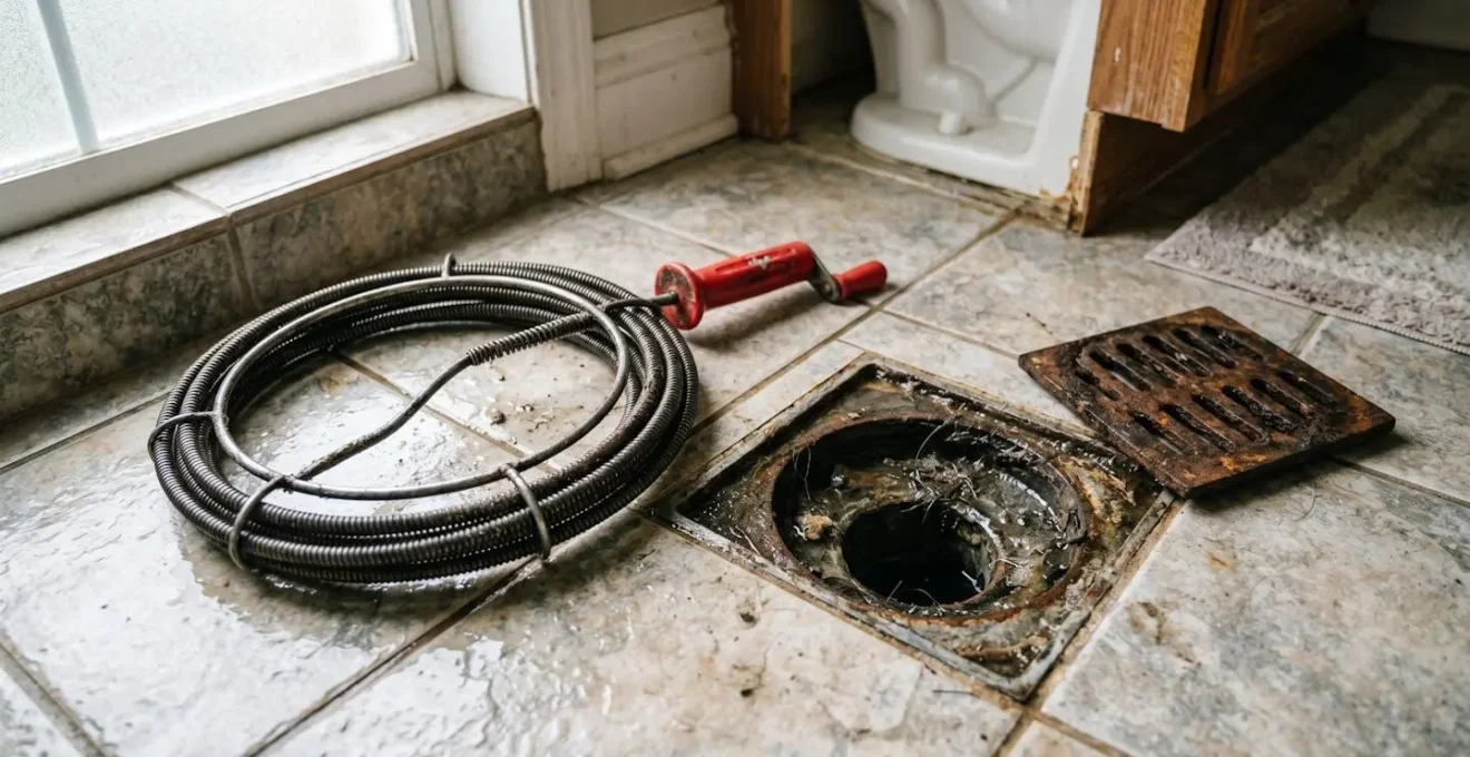 Furet manuel posé à côté d'un drain de plancher obstrué, illustrant les limites de l'outil