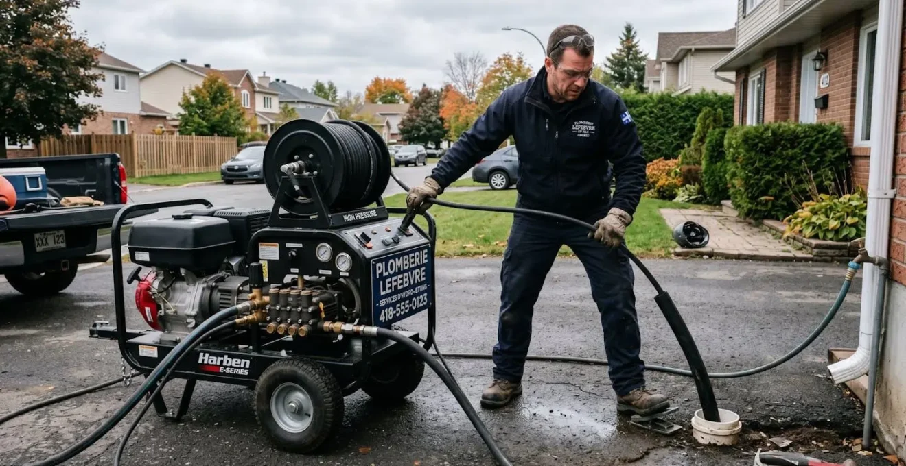 Technicien en plomberie utilisant une hydrocureuse haute pression sur un drain extérieur résidentiel